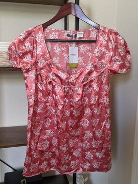 La Redoute Sz 4 Salmon Pink/Orange Floral Cap Sleeve Satiny Blouse NWT Old Stock